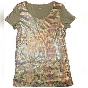 NWT | DKNY Jeans | Camo Short Sleeve | Green | Sequined Front Top | Size: M